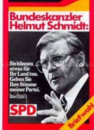 Wahlwerbung der SPD zur Bundestagswahl 1980 mit Hinweisen zur Briefwahl