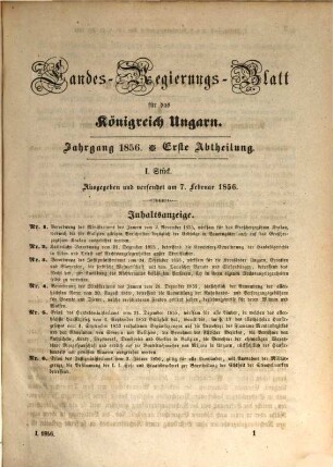 Landesregierungsblatt für das Königreich Ungarn = Magyarországot illető Országos Kormánylap. 7, 7. 1856