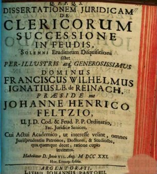 Diss. iur. de clericorum successione in feudis