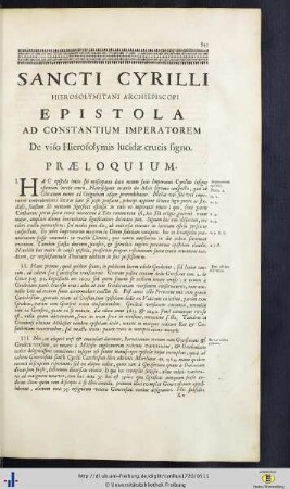 Sancti Cyrilli Hierosolymitani Achiepiscopi Epistola Ad Constantium Imperatorem De viso Hierosolymis lucidae crucis signo.