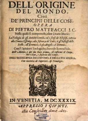 Dell'origine del mondo, cioè de'principii delle cose