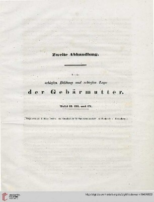 Zweite Abhandlung: Von der schiefen Gestaltung und Lage der Gebärmutter - Tafel II, III, IV
