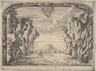 Bühnenbild zur Oper "La Caduta del Regno dell’Amazzoni" (Prolog: Meeresstrand mit Herkules und Atlas, der unter dem Gewicht der Welt zusammengebrochen ist), aus der 1690 in Rom publizierten Edition des Librettos