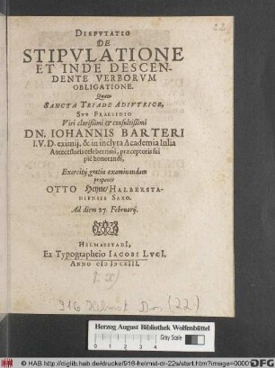 Disputatio De Stipulatione Et Inde Descendente Verborum Obligatione