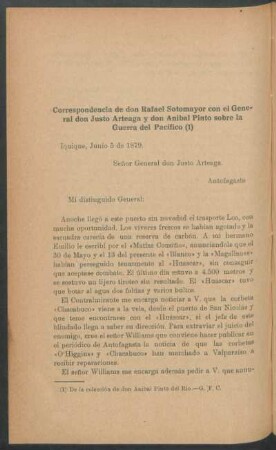 Correspondencia de don Rafael Sotomayor con el General don Justo Arteaga y don Aníbal Pinto sobre la Guerra del Pacífico
