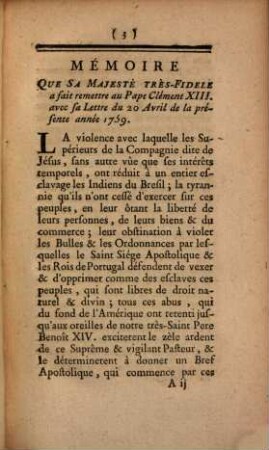 Mémoire de Sa Majesté au Pape Clement XIII.