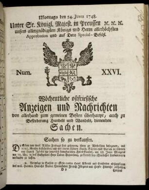 Num. XXVI. Montags den 24. Junii 1748.