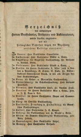Verzeichniß der auswärtigen Herren Buchhändler, Antiquare und Auktionatoren,...