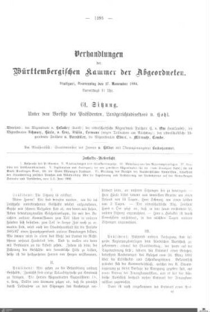 61. Sitzung, Stuttgart, 27.11.1884