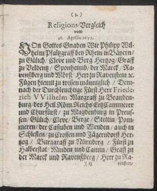 Religions-Vergleich vom 26. Aprilis 1672.