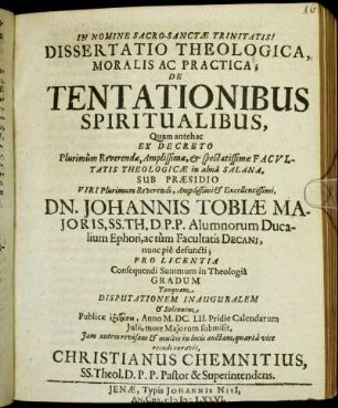 Dissertatio Theologica, Moralis Ac Practica; De Tentationibus Spiritualibus