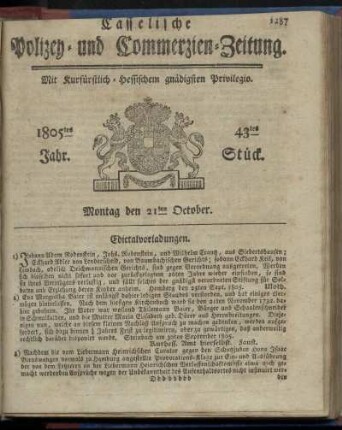 43tes Stueck, Montag den 21ten October 1805