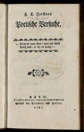 F. L. Hallers Poetische Versuche