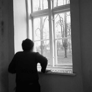 Fenster: Junge schaut nach draußen in Schlosspark