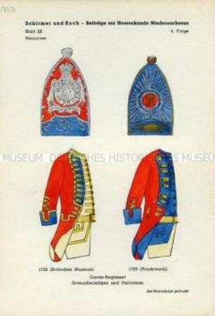 Uniformdarstellung, Detailstudie Kopfbedeckungen und Uniformröcke des Garde-Grenadier-Regiments, Kurfürstentum Hannover, 1750/1759.