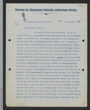 Brief von Helene Lange an Unbekannt