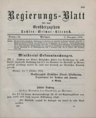 98. Ministerial-Bekanntmachung, Abänderung der Statuten der Sparkasse zu Weimar betreffend