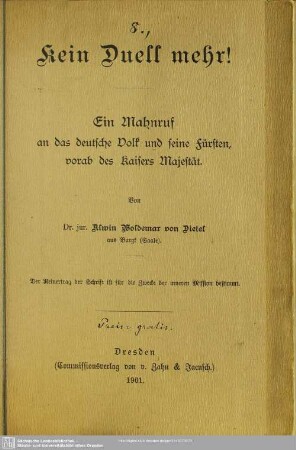 Kein Duell mehr! : ein Mahnruf an das deutsche Volk und seine Fürsten...