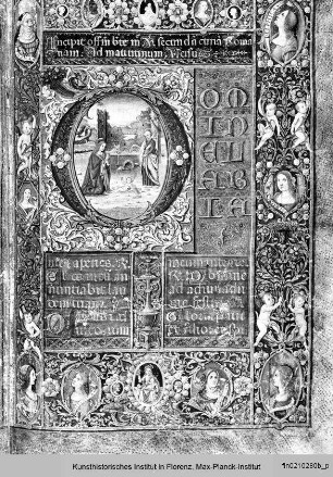 Libro da compagnie laicali: Officia Beatae Mariae Virginis et Defunctorum; Psalmi poenitales et graduales : Incipit Offitium Beate Marie Virginis secundum Curiam Romanam: Zierseite mit floralem Rahmen, historisierter Initiale D, darin die Geburt Christi, sowie Putti, Sibyllen in Mandorlae, antikisierenden Profilköpfen in Clipei, Madonna und Kind in einer Mandorla