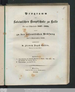 1848: Programm der Lateinischen Hauptschule in Halle : für d. Schuljahr ...