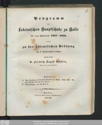 1848: Programm der Lateinischen Hauptschule in Halle : für d. Schuljahr ...