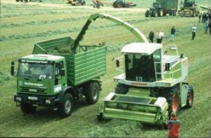 Fotografie: Futtererntetechnik, Silageernte, Feldhäcksler selbstfahrend, Pickup, Parallelverfahren, LKW