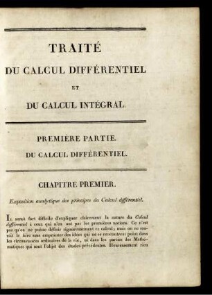 Premiere Partie. Du Calcul Differentiel. Chaptitre Premier. Exposition analytique des principes du Calcul differentiel.