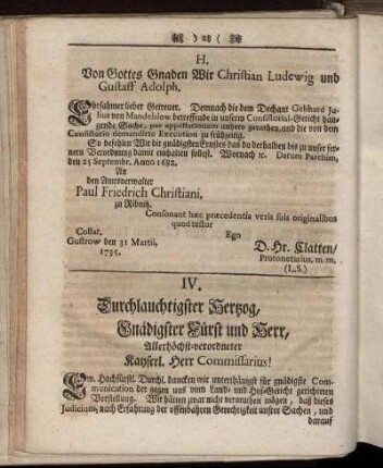 IV. Die anderweitige Vorstellung des Fürstl. Consistorii.