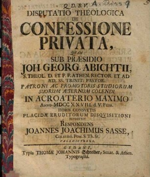 Disputatio Theologica De Confessione Privata