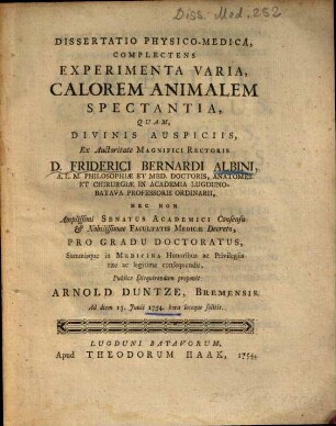 Dissertatio Physico-Medica, Complectens Experimenta Varia, Calorem Animalem Spectantia