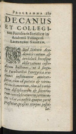 Decanus Et Collegium Facultatis Iuridicae in Academia Tubingensi Lectoribus Salutem.