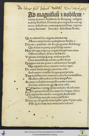 Ad magnificum et nobilem virum dominum Adelberum de Rotperg, insignis ecclesie Basiliensis decanum pro virginalis conceptionis defensione contraque maculistarum virginis Mariae furorem invectio Sebastiani Brant.