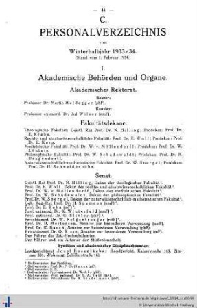 C. Personalverzeichnis vom Winterhalbjahr 1933/34.