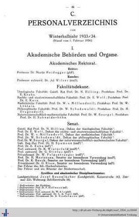 C. Personalverzeichnis vom Winterhalbjahr 1933/34.