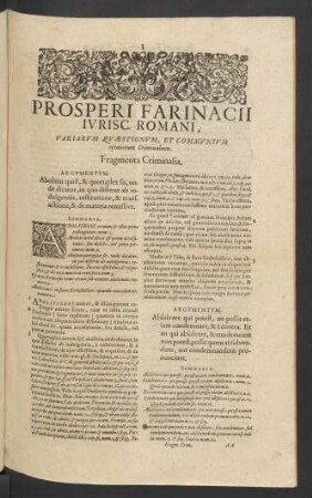 Prosperi Farinacii Iurisc. Romani, Variarum Quaestionum Et Communium opinionum Criminalium. Fragmenta Criminalia.