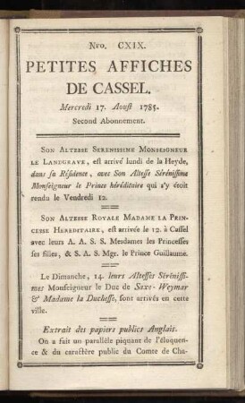 No CXIX (Mercredi 17. Aoust 1785)