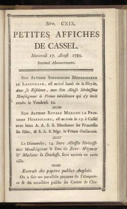 No CXIX (Mercredi 17. Aoust 1785)