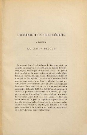 L' albigéisme et les Frères Prêcheurs à Narbonne au treizième siècle