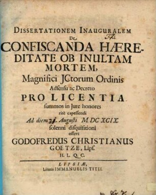 Diss. inaug. de confiscanda haereditate ob inultam mortem