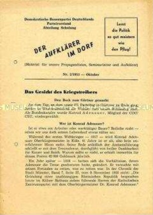 Mitteilungsblatt des DBD-Parteivorstandes u.a. zum Ausgang der Bundestagswahl mit scharfer Polemik gegen Adenauer