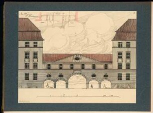 Torbau, Berlin-Steglitz Monatskonkurrenz Oktober 1908: Aufriss Straßenansicht 1:100; Maßstabsleiste