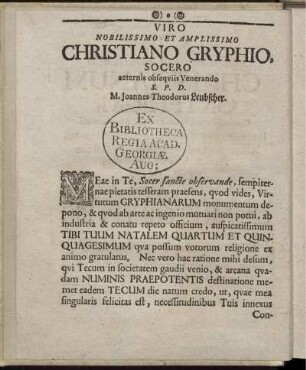 Viro nobilissimo et amplissimo Christiano Gryphio ...
