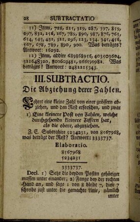 III. Subtractio. Die Abziehung derer Zahlen.