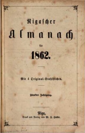 Rigascher Almanach : für das Jahr .... 5. 1862