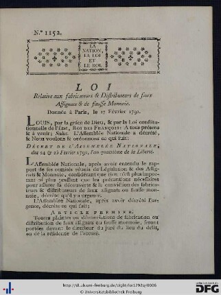 Loi Relative aux fabricateurs & Distributeurs de faux Assignats & de fausse Monnoie.