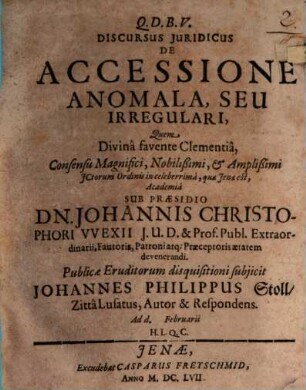Discursus iuridicus De accessione anomala, seu irregulari
