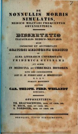 De nonnullis morbis simulatis, medico militari frequenter obvenientibus : diss. inaug. med. militaris