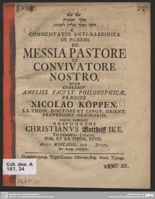 Commentatio Anti-Rabbinica In Ps. XXIII. De Messia Pastore Et Convivatore Nostro