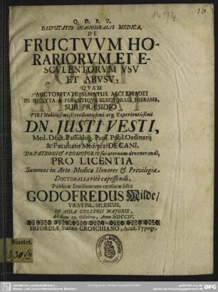 Disputatio Inauguralis Medica, De Fructuum Horariorum Et Esculentorum Usu Et Abusu
