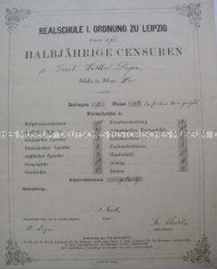 Halbjahreszeugnis der Realschule I. Ordnung zu Leipzig, Klasse IV c, für Walter Degen; Leipzig, Ostern 1876